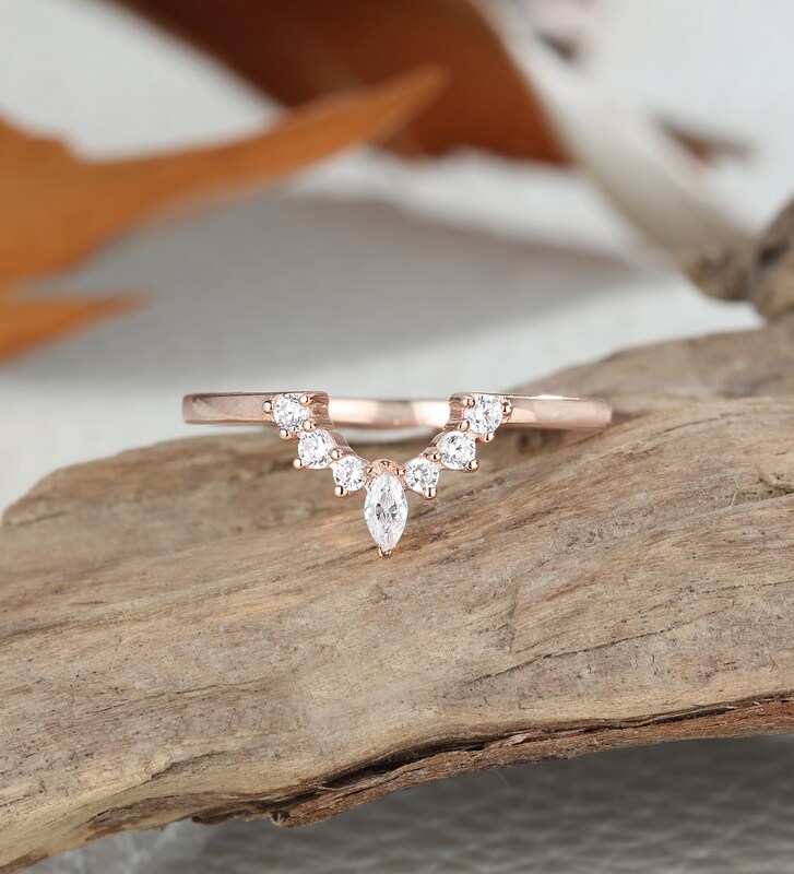 Marquise cut moissanite wedding band, vintage rose gold ring, personalized gift cubic zirconia wedding ring, promise valentines gifts